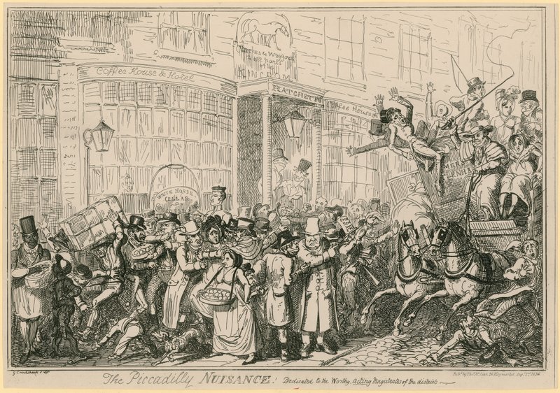 La molestia de Piccadilly: dedicado a los dignos magistrados actuantes del distrito de George Cruikshank