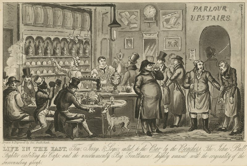 Tom, Jerry y Logic llamados al bar por los jueces de George Cruikshank