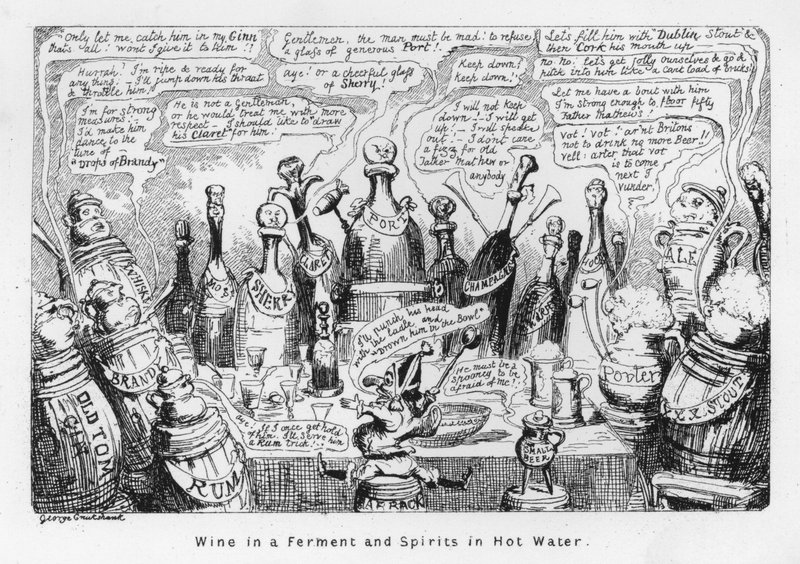 Vino en fermentación y espíritus en agua caliente de George Cruikshank