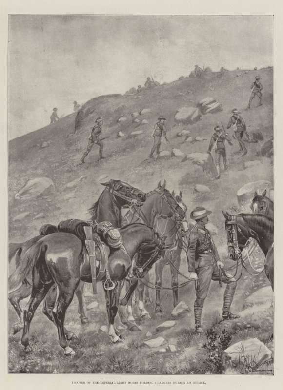 Soldado del Imperial Light Horse sosteniendo caballos durante un ataque de George Derville Rowlandson