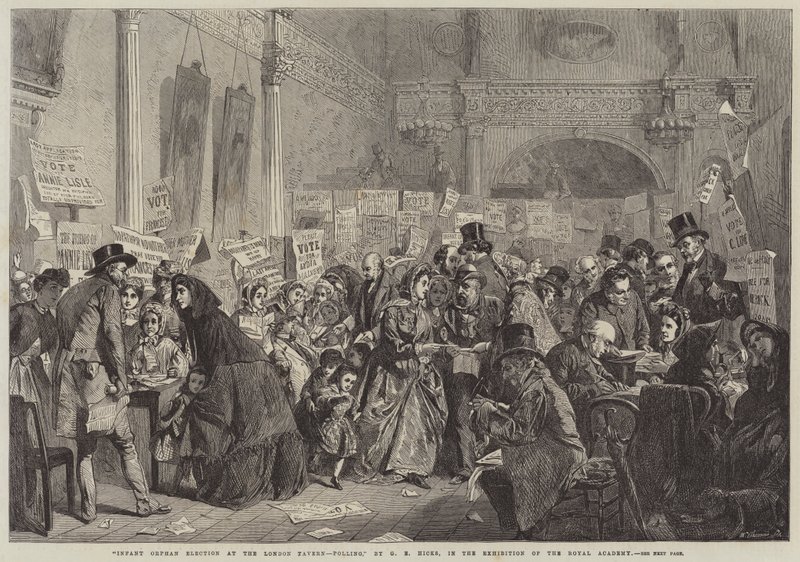 Elección de huérfanos infantiles en el London Tavern, votación de George Elgar Hicks