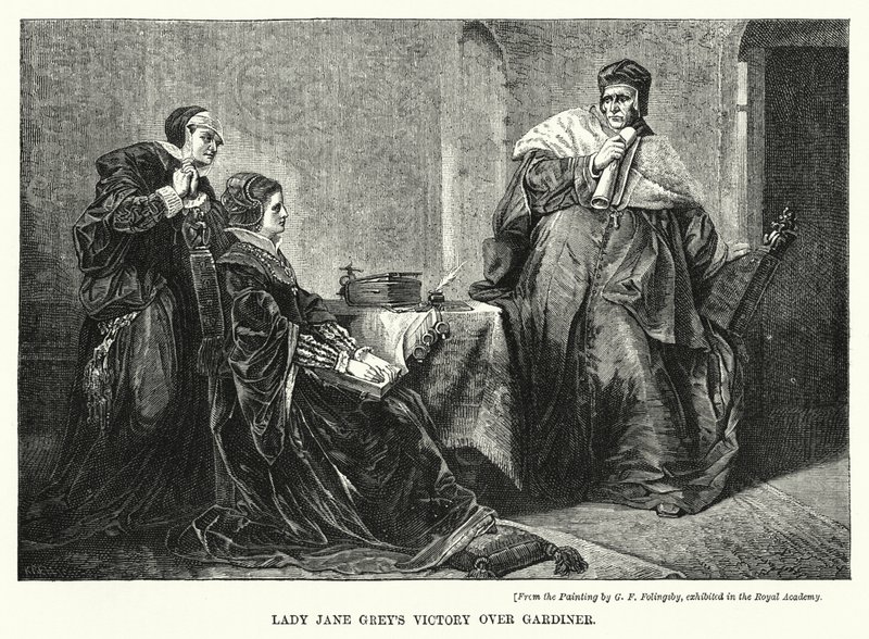 La victoria de Lady Jane Grey sobre Gardiner (grabado) de George Frederick Folingsby