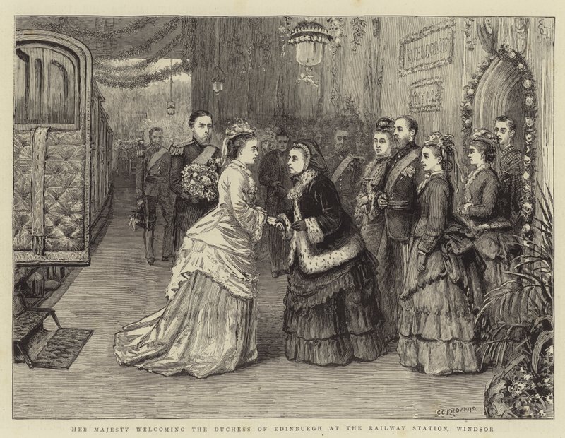 Su Majestad dando la bienvenida a la Duquesa de Edimburgo en la estación de tren, Windsor de George Goodwin Kilburne