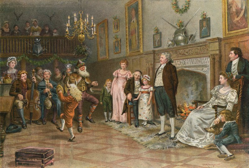 Interior del salón ancestral del escudero: mimos del campo dando un entretenimiento navideño de George Goodwin Kilburne