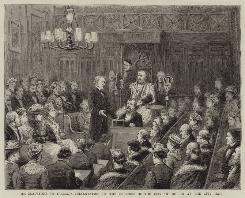 El Sr. Gladstone en Irlanda, presentación de la libertad de la ciudad de Dublín en el Ayuntamiento de George Goodwin Kilburne