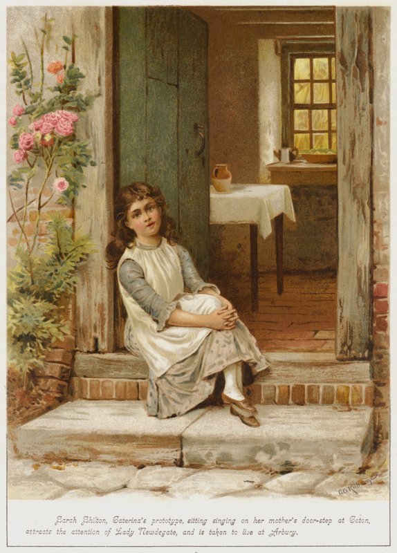 Sarah Shilton, prototipo de Caterina, sentada cantando en la puerta de su madre en Coton, atrae la atención de Lady Newdegate y es llevada a vivir a Arbury de George Goodwin Kilburne