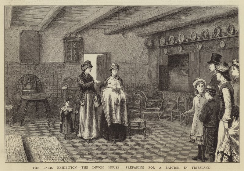 La Exposición de París, la Casa Holandesa, preparativos para un bautizo en Frisia de George Goodwin Kilburne
