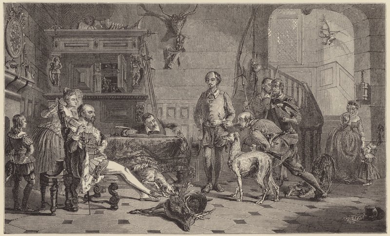 Shakespeare llevado ante Sir Thomas Lucy por cazar ciervos (grabado) de George Harvey
