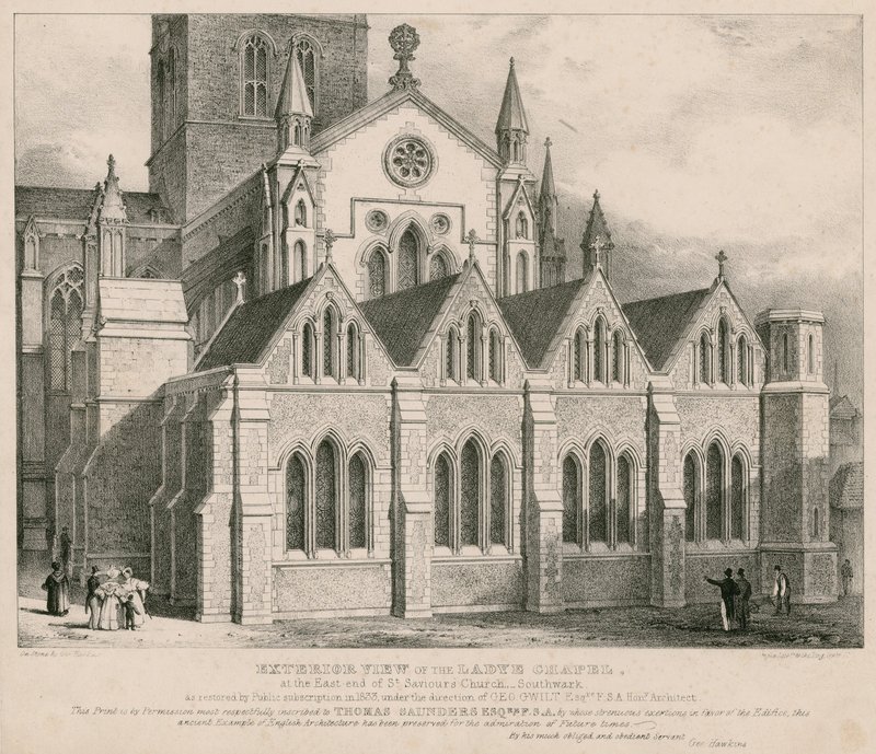 Vista exterior de la Capilla de la Señora en el extremo este de la Iglesia de St Saviour, Southwark de George Hawkins