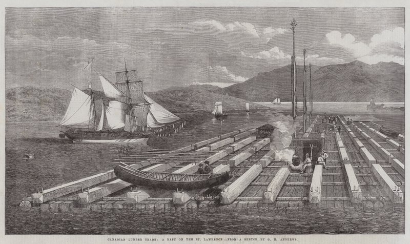 Comercio de madera canadiense, una balsa en el río San Lorenzo de George Henry Andrews
