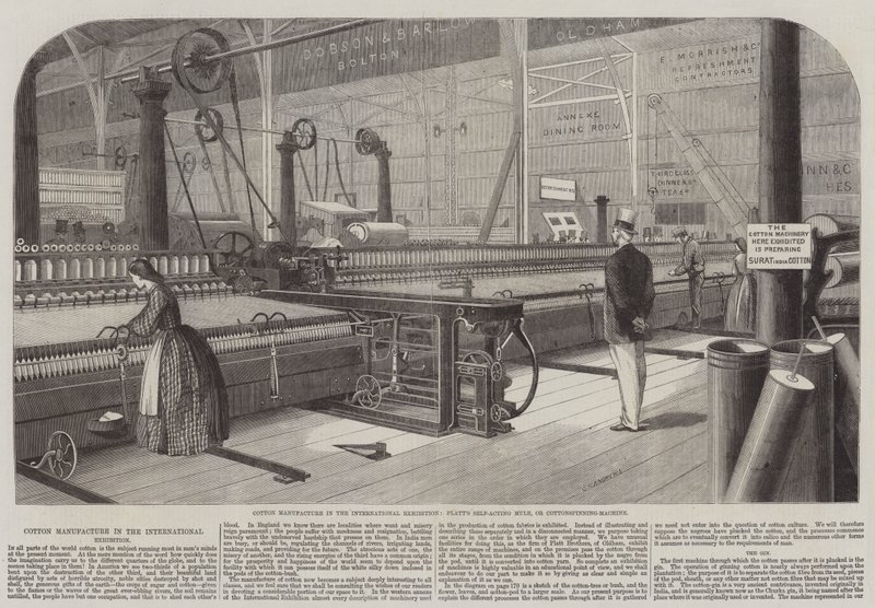 Fabricación de algodón en la Exposición Internacional, la mula autoactuante de Platt, o máquina de hilar algodón de George Henry Andrews