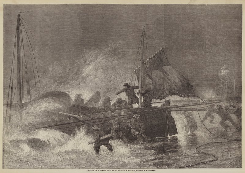 Lanzamiento de un yawl del Mar del Norte durante un vendaval de George Henry Andrews