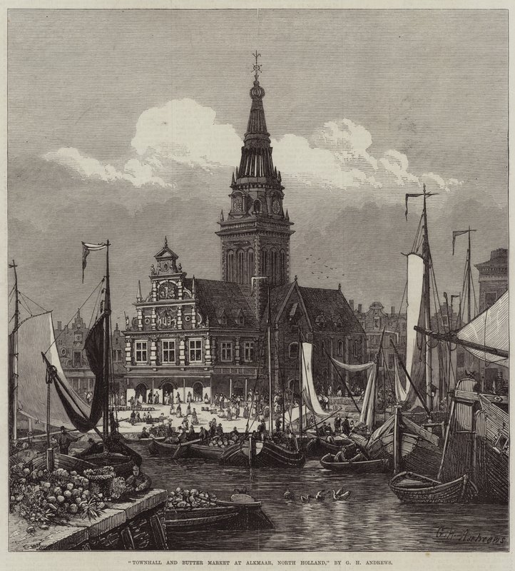 Ayuntamiento y mercado de mantequilla en Alkmaar, Holanda del Norte de George Henry Andrews