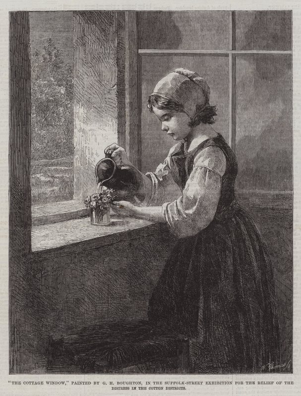 La ventana de la cabaña, en la Exposición de Suffolk-Street para el alivio de la angustia en los distritos algodoneros de George Henry Boughton