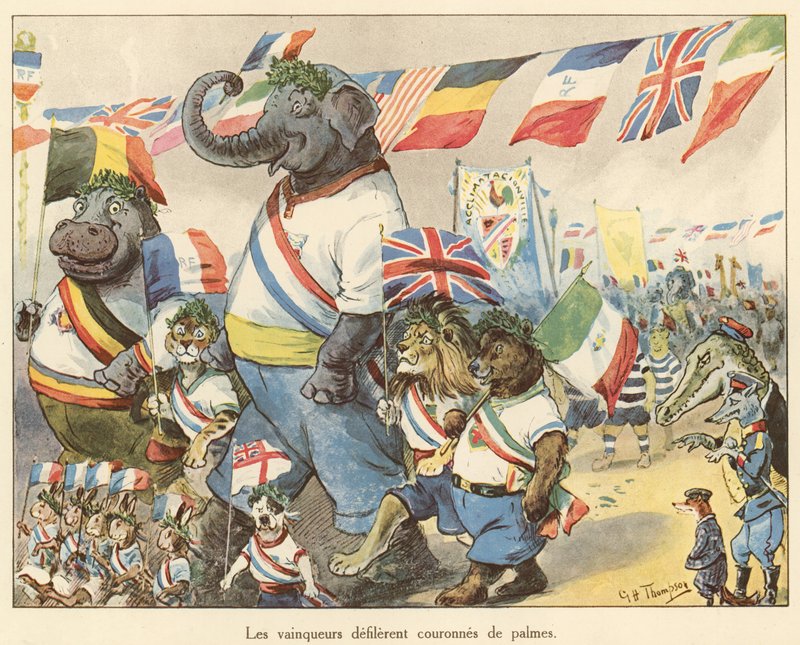 Los ganadores desfilan coronados con palmas (litografía en color) de George Henry Thompson