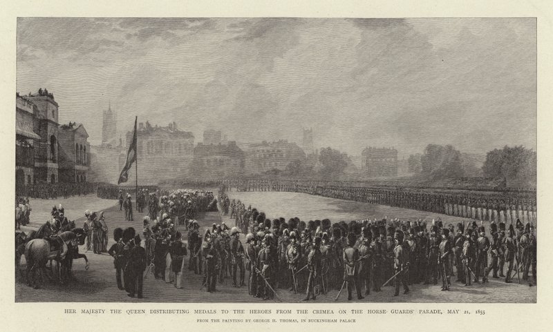 Su Majestad la Reina Distribuyendo Medallas a los Héroes de Crimea en el Desfile de la Guardia de Caballos, 21 de mayo de 1855 de George Housman Thomas