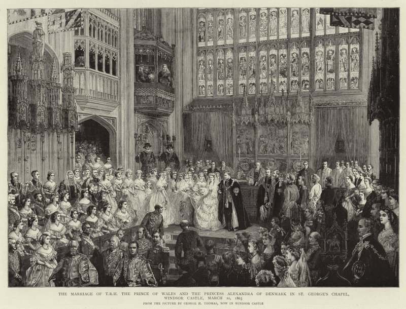 El Matrimonio de S.A.R. El Príncipe de Gales y la Princesa Alexandra de Dinamarca en la Capilla de San Jorge, Castillo de Windsor, 10 de marzo de 1863 de George Housman Thomas