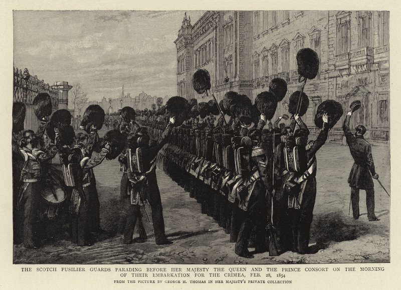 Los Fusileros Escoceses desfilando ante Su Majestad la Reina y el Príncipe Consorte en la mañana de su embarque para Crimea, 28 de febrero de 1854 de George Housman Thomas