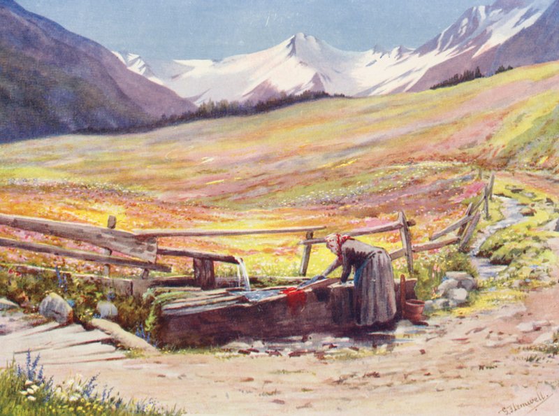 Campos a principios de junio más allá de Praz de Fort en el Val Ferret, respaldados por el Groupe du Grand Saint-Bernard et du Grand Golliaz (litografía en color). de George Jackson Flemwell