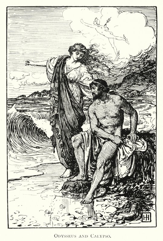 Odiseo y Calipso (grabado) de George Percy Jacomb Hood