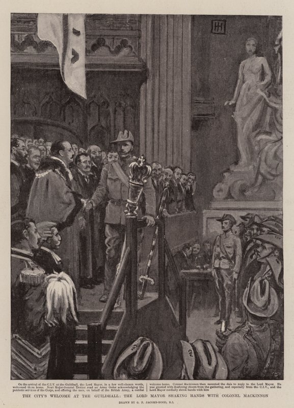 La Bienvenida de la Ciudad en el Guildhall, el Alcalde estrechando la Mano del Coronel Mackinnon de George Percy Jacomb Hood