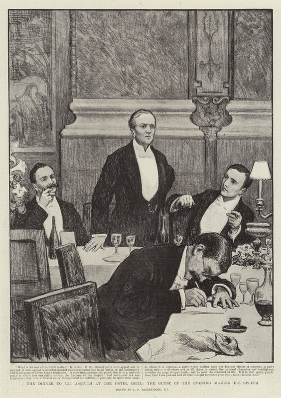 La cena para el Sr. Asquith en el Hotel Cecil, el invitado de la noche dando su discurso de George Percy Jacomb Hood