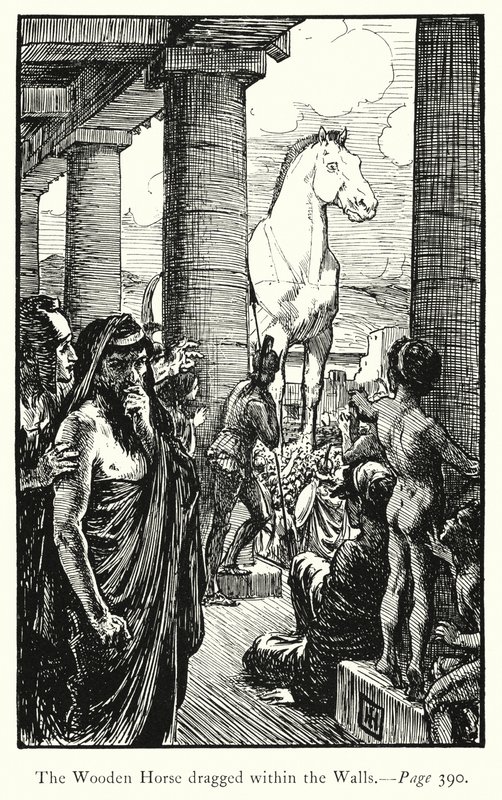 La Ilíada: El caballo de madera arrastrado dentro de las murallas (grabado) de George Percy Jacomb Hood