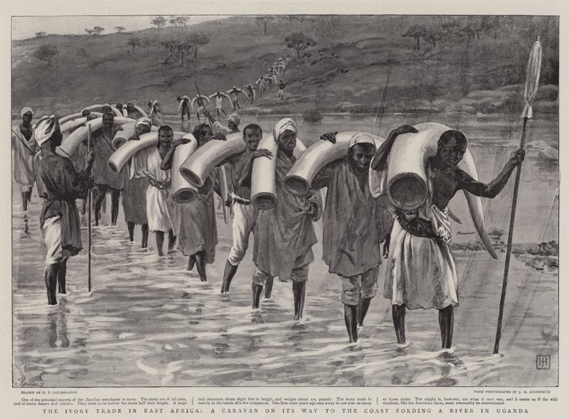 El Comercio de Marfil en África Oriental, una Caravana en su Camino a la Costa cruzando un Río en Uganda de George Percy Jacomb Hood