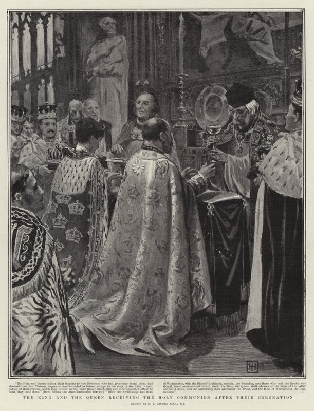 El Rey y la Reina recibiendo la Sagrada Comunión después de su Coronación de George Percy Jacomb Hood