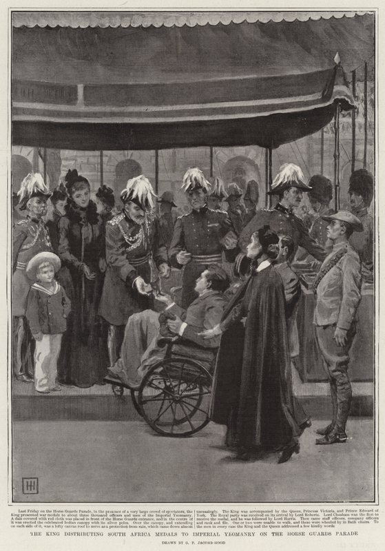 El rey distribuyendo medallas de Sudáfrica a la Caballería Imperial en el Desfile de la Guardia de Caballos de George Percy Jacomb Hood
