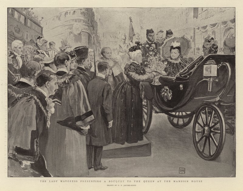 La Dama Mayoress presentando un ramo a la Reina en la Mansion House de George Percy Jacomb Hood