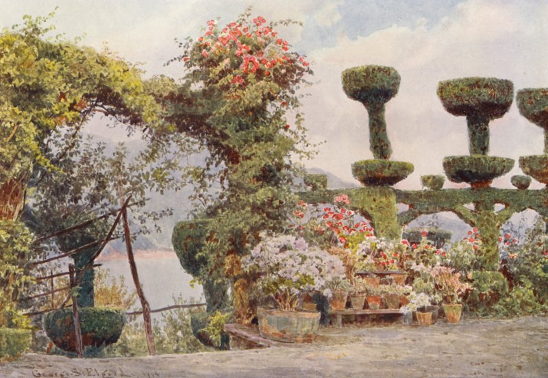 Jardines de Italia: La Badia, Patio del Monasterio (litografía en color) de George Samuel Elgood