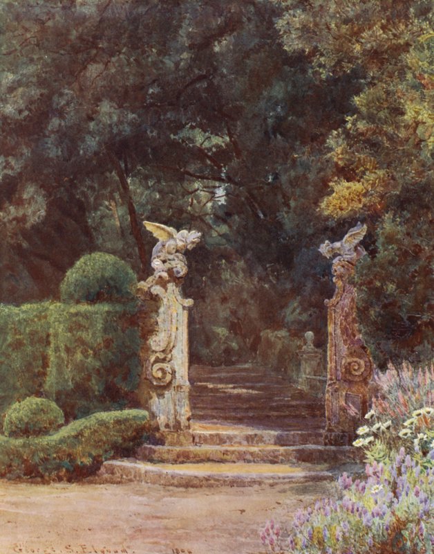 Jardines italianos: La Puerta del Dragón, Villa Garzoni (litografía en color) de George Samuel Elgood
