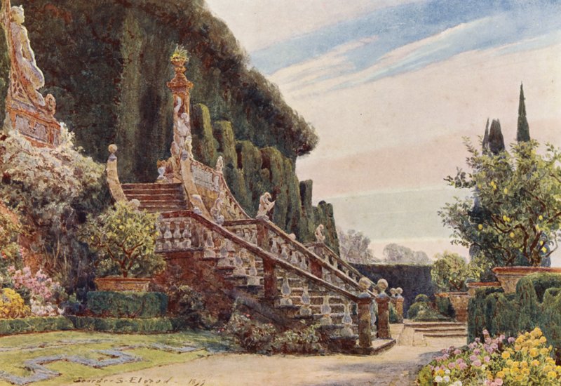 Jardines italianos: La Gran Escalera, Villa Garzoni (litografía en color) de George Samuel Elgood
