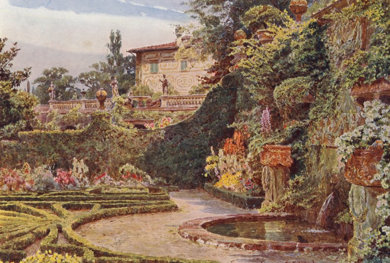 Jardines de Italia: El Palacio desde el Parterre, Villa Palmieri (litografía en color) de George Samuel Elgood