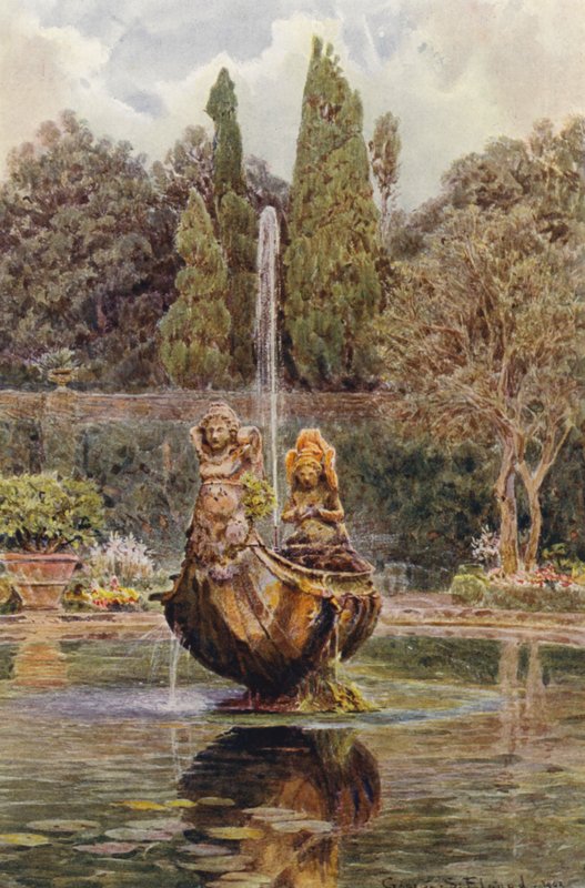 Jardines italianos: Villa Aldobrandini, Fuente en el Parterre (litografía en color) de George Samuel Elgood