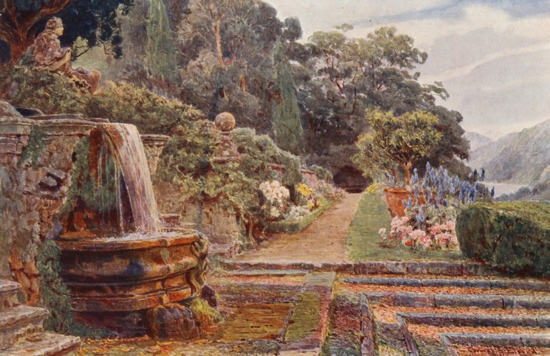 Jardines italianos: Villa Cicogna, Bajo la Cascada (litografía en color) de George Samuel Elgood
