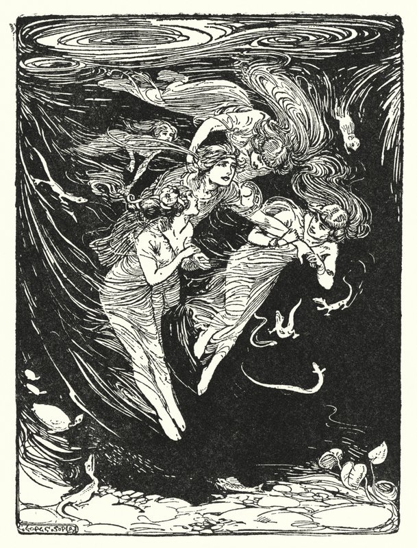 Jason y los Argonautas: "Las ninfas del agua lo llevaron bajo el lago para ser su compañero de juegos" (litografía) de George Soper