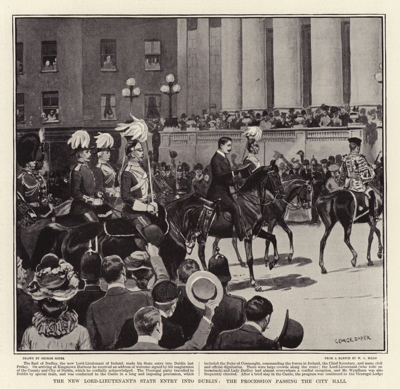 La entrada oficial del nuevo Lord Teniente en Dublín, la procesión pasando por el Ayuntamiento de George Soper
