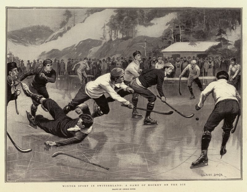Deporte de invierno en Suiza, un juego de hockey sobre hielo de George Soper