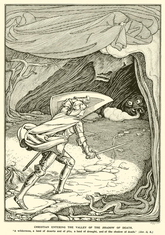 Cristiano entrando en el Valle de la Sombra de la Muerte de George Woolliscroft Rhead