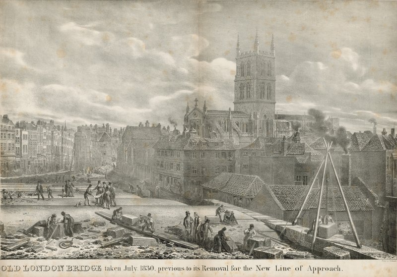 Puente de Londres antiguo tomado en julio de 1830, antes de su remoción para la nueva línea de acceso de George the Elder Scharf