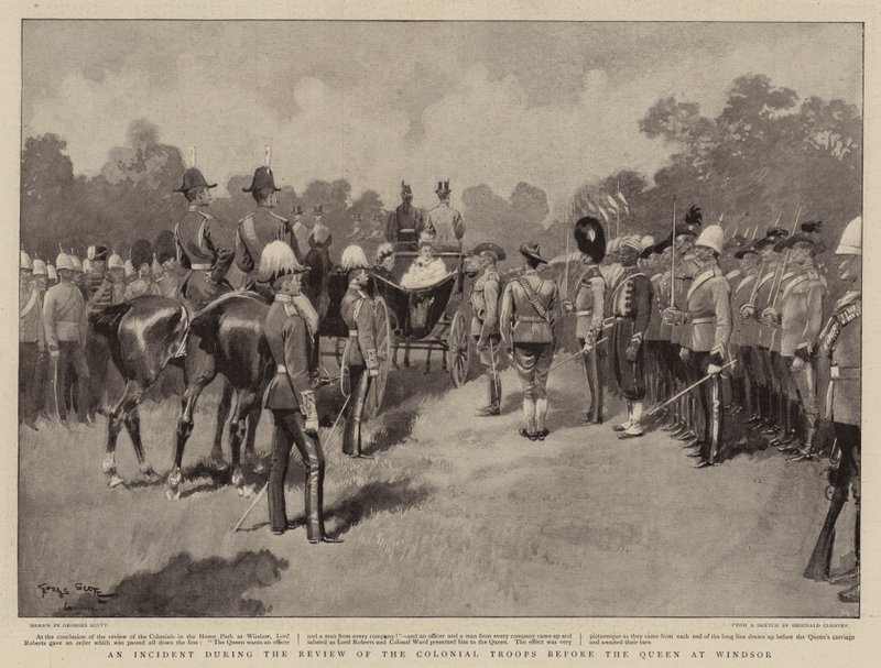 Un incidente durante la revisión de las tropas coloniales ante la Reina en Windsor de Georges Bertin Scott
