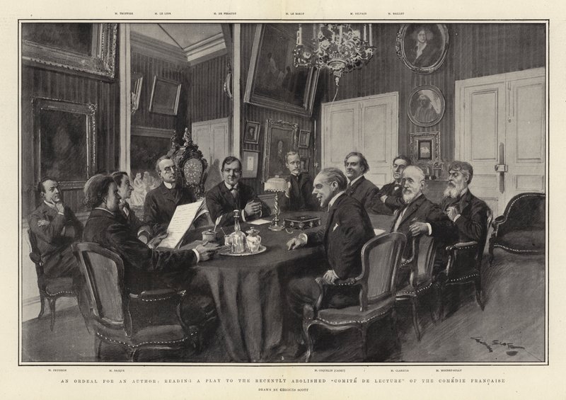 Una prueba para un autor, leyendo una obra al recientemente abolido Comité de Lectura de la Comédie Française de Georges Bertin Scott