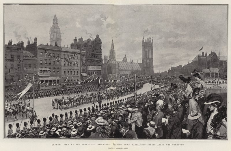 Vista General de la Procesión de Coronación pasando por Parliament Street después de la Ceremonia de Georges Bertin Scott