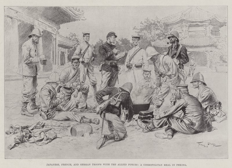 Tropas japonesas, francesas y alemanas con las fuerzas aliadas, una comida cosmopolita en Pekín de Georges Bertin Scott