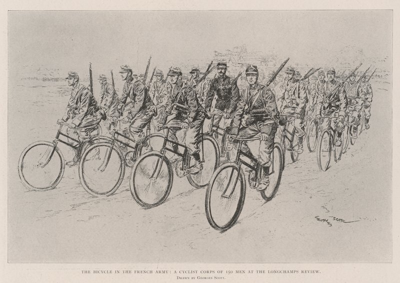 La bicicleta en el ejército francés, un cuerpo de ciclistas de 150 hombres en la revisión de Longchamps de Georges Bertin Scott