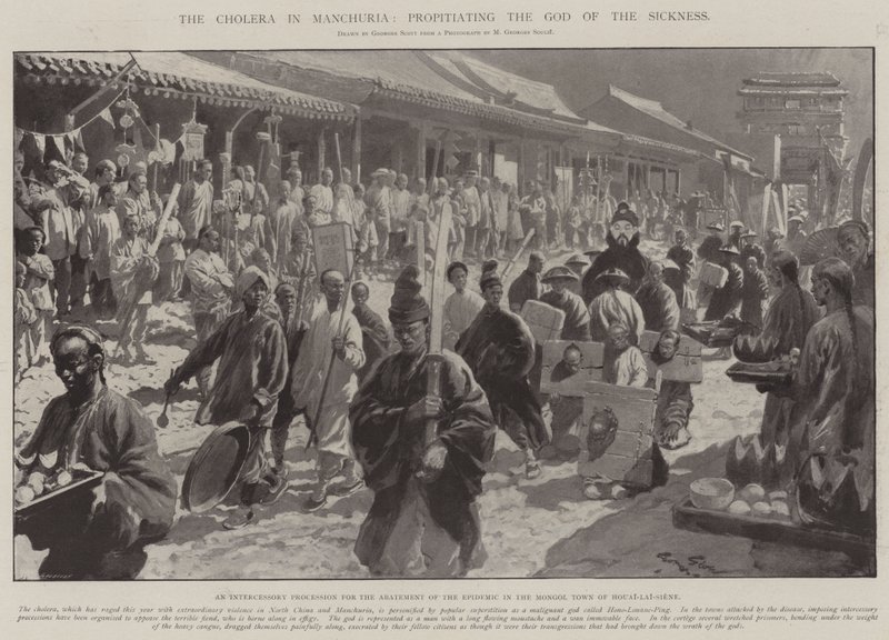El cólera en Manchuria, propiciando al dios de la enfermedad de Georges Bertin Scott