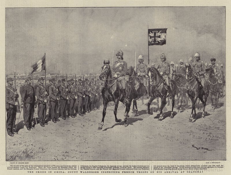 La crisis en China, el Conde Waldersee inspeccionando tropas francesas a su llegada a Shanghái de Georges Bertin Scott