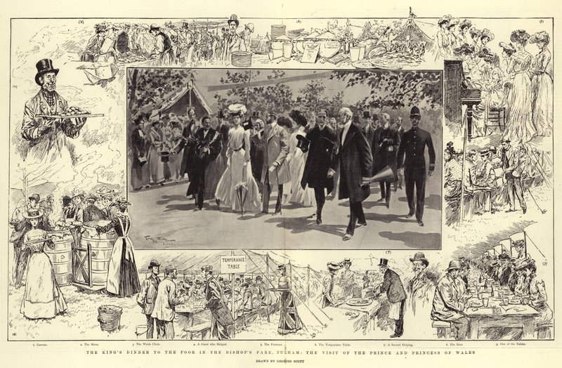 La cena del rey para los pobres en el parque del obispo, Fulham, la visita del príncipe y la princesa de Gales de Georges Bertin Scott